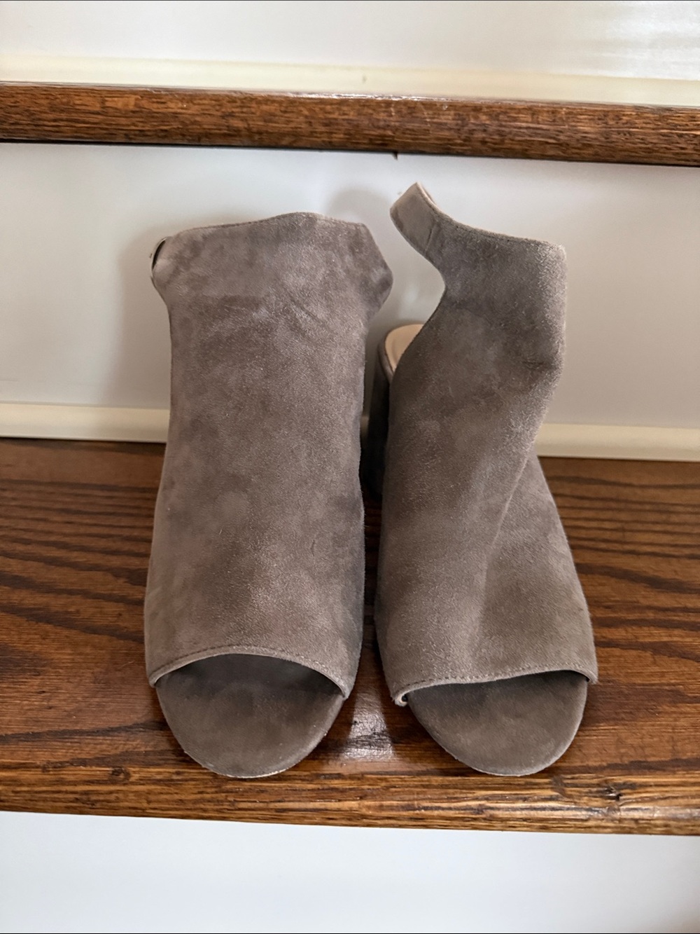 Nine West Taupe Suede Open-Toe Mule Heels